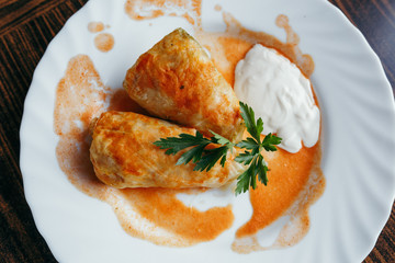 Stuffed cabbage leaves with meat, rice and vegetables. Chou farci, dolma, sarma, sarmale, golubtsy or golabki - popular dish in many countries.