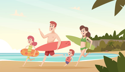 Fototapeta premium Family couple travellers. Happy kids with parents smiling people on tropical beach sea or ocean summer vacation vector background. Illustration of family vacation beach, travel to ocean