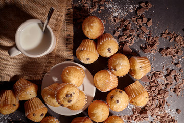 Fototapeta na wymiar group of muffins next to a cup of milk