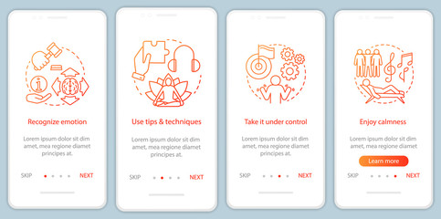 Emotions managing onboarding mobile app page screen with linear concepts