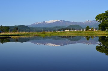 Fototapeta na wymiar 池に映る春の蔵王連峰