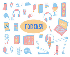 Podcast lettering with decoration. Vector design.