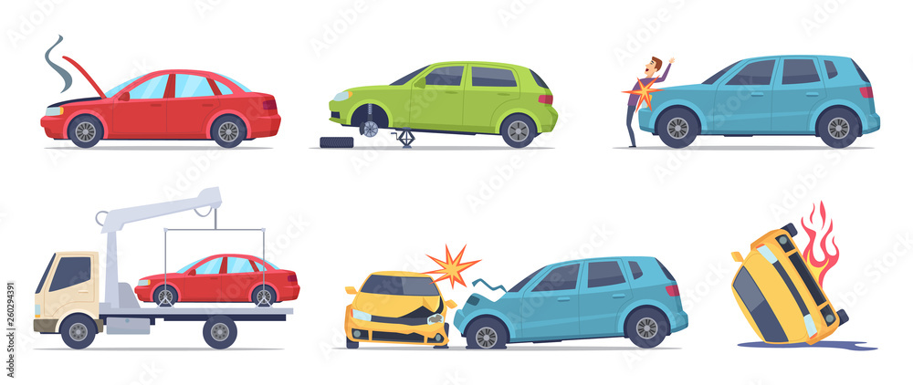 Sticker car accident. damaged transport on the road repair service insurances vehicle vector illustrations i