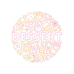 Dessert background. Baking delicious food in circle shape cakes sweets candy jelly ice cream biscuits vector design template. Ice cream and sweets, cookies and cake illustration