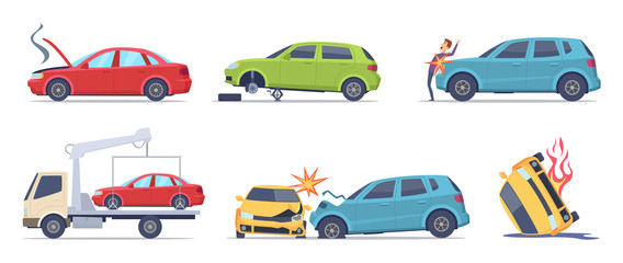 Car accident. Damaged transport on the road repair service insurances vehicle vector illustrations in cartoon style. Accident crash car, emergency broken and insurance auto