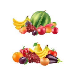 Vector realistic fruits and berries piles set isolated on white background illustration. Food fruit juicy, ripe banana and berry