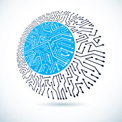 Vector abstract computer circuit board illustration, circular technology element with connections. Electronics theme web design.