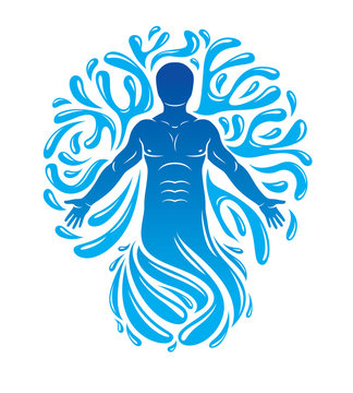 recommend clip art: Vector graphic illustration of strong male, body silhouette surrounded by a water ball. Living in harmony with nature.