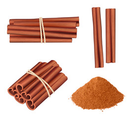 Cinnamon realistic. Aromatic herbs dessert plant food stick cinnamon spice vector pictures collection. Illustration of ingredient cinnamon, culinary spice