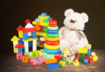 Colorful toys collection on  background