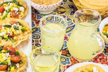 Mexican food. Veggie corn tostadas with caulflower mash.
