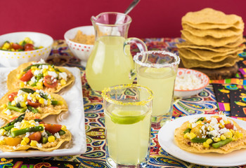 Mexican food. Veggie corn tostadas with caulflower mash.