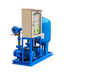 Centrifugal pump include motor and electric control panel tank with piping isolated on white background with clipping path