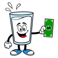 Glass of Milk Mascot with a Dollar - A vector cartoon illustration of a glass of Milk mascot holding a Dollar.