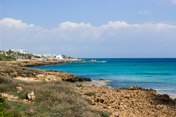 Fototapeta na wymiar View on the sea bay and church. Protaras, Cyprus
