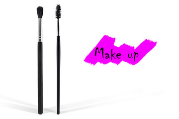 Professional make-up brushes, on white background. Overhead view. Copy space