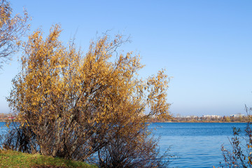 Autumn day in Arkhangelsk. View of the river Northern Dvina and river port in Arkhangelsk.