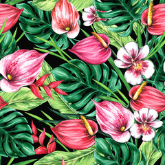 Seamless floral pattern of tropical flowers and leaves. Graphics and watercolor handmade.