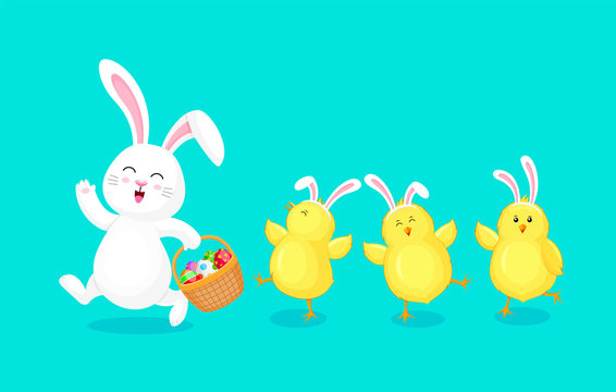 White rabbit holding Easter egg basket and little chicks.  Cute bunny. Happy Easter day, cartoon character design. Vector illustration isolated on blue background.