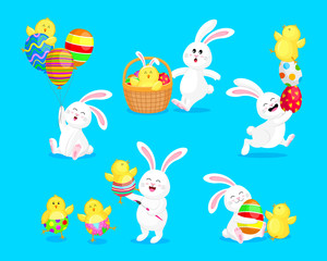 Set of  white rabbits in different pose and expression with little chicks. Happy Easter day concept, cartoon character design. Vector illustration isolated on blue background.
