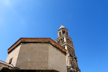 Saint Domnius cathedral and bell tower - historical landmarks in Split, Croatia. Split is popular summer travel destination and UNESCO World Heritage Site.
