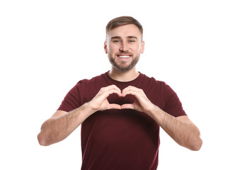 Man showing HEART gesture in sign language on white background