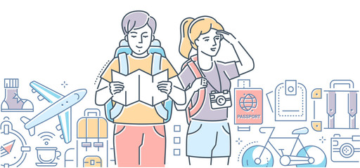 Traveling - modern colorful line design style illustration