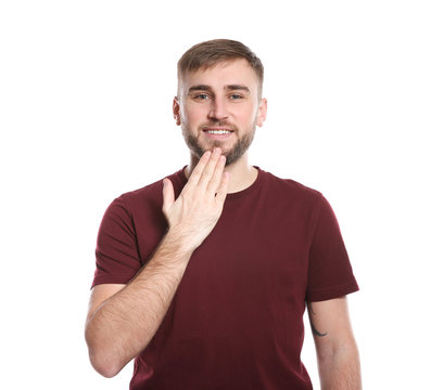 Man showing THANK YOU gesture in sign language on white background