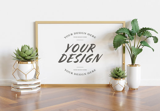 Horizontal Frame Leaning on Wall Mockup