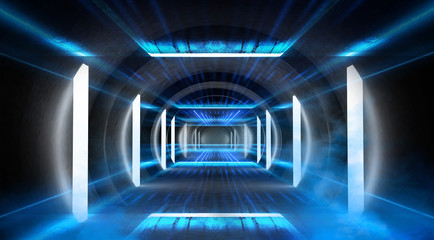 Abstract tunnel, corridor with rays of light and new highlights. Abstract blue background, neon. Scene with rays and lines, Round arch, light in motion, night view.  3D illustration.