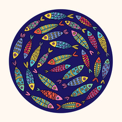 Cute fish. Around motif with fish.