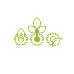 set of green line mechanical gears with green leaves. Linear icons isolated on white background.