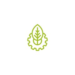 green line mechanical gear and green leaf. Isolated on white background. Eco friendly technology icon.