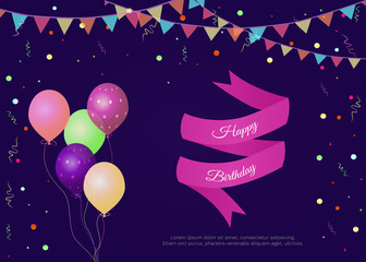Fototapeta na wymiar Vector illustration of cupcake with candle, confetti and text Happy Birthday To You on black background. For greeting card, baby shower, holiday party invitation, post in social media, banner, poste