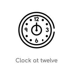 outline clock at twelve o'clock vector icon. isolated black simple line element illustration from airport terminal concept. editable vector stroke clock at twelve o'clock icon on white background