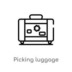 outline picking luggage vector icon. isolated black simple line element illustration from airport terminal concept. editable vector stroke picking luggage icon on white background