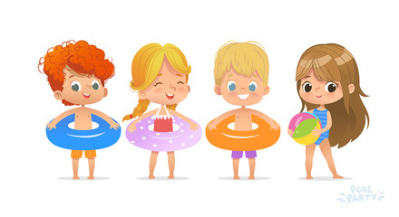 Relax International Children Swimming Pool Party. Red-haired Boy Character with Blue Ring on Fun Sea Resort. Little Girl in Swimsuit Funny Summer Vacation. Flat Cartoon Vector Illustration.