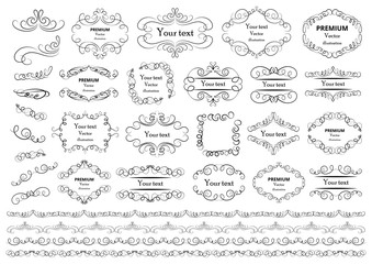 Calligraphic design elements . Decorative swirls or scrolls, vintage frames , flourishes, labels and dividers. Retro vector illustration.