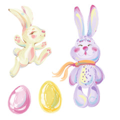 Cute Easter rabbits bunnies with Easter eggs