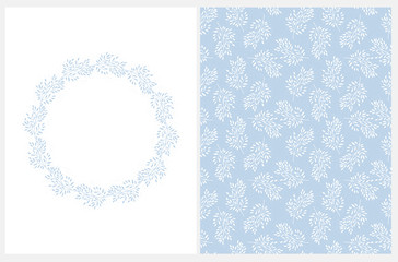 Lovely Abstract Hand Drawn Floral Vector Card and Pattern. Light Blue Tree Branches Isolated on a White Background. Infantile Style Floral Repeatable Design. Wreath Made of Tree Blue Twigs. 