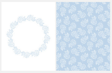 Lovely Abstract Hand Drawn Floral Vector Card and Pattern. Light Blue Tree Branches Isolated on a White Background. Infantile Style Floral Repeatable Design. Wreath Made of Tree Blue Twigs. 