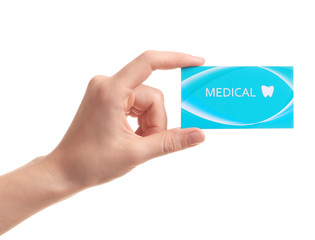 Woman holding business card isolated on white, closeup. Dental medical service