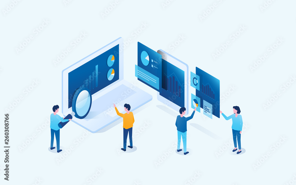 Wall mural isometric business team people meeting analytics and research on dashboard chart concept