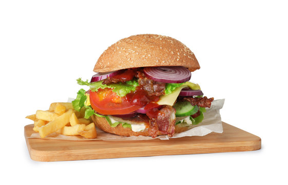 Wooden board with beef burger and french fries isolated on white