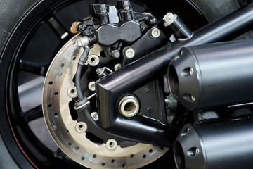 The rear wheel of a modern motorcycle