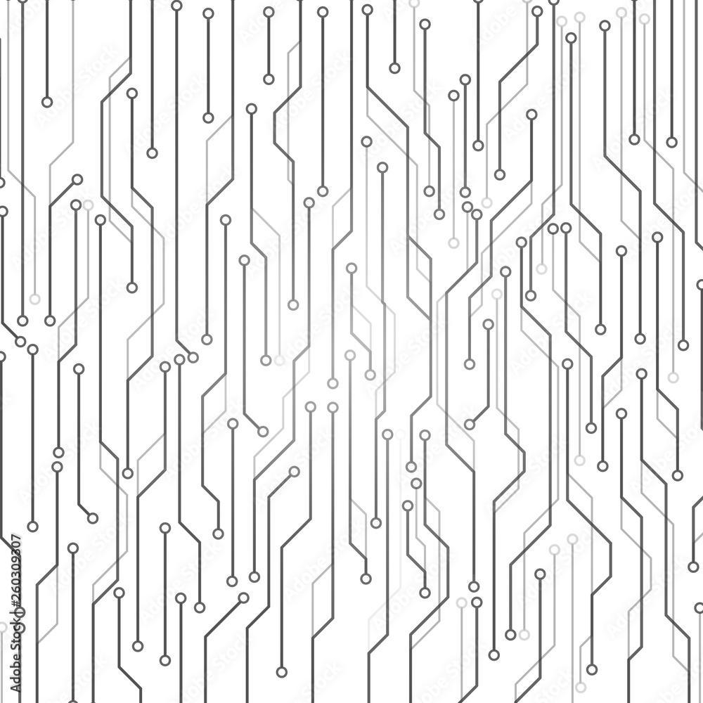 Poster Circuit Board Technology Information Pattern Concept Vector Background. Grayscale Color Abstract PCB Trace Data Infographic Design Illustration.