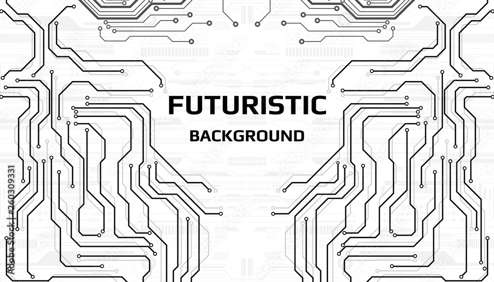 Poster Circuit board grayscale tone futuristic digital technology communication system background template vector design. HUD element technology control panel texture illustration.