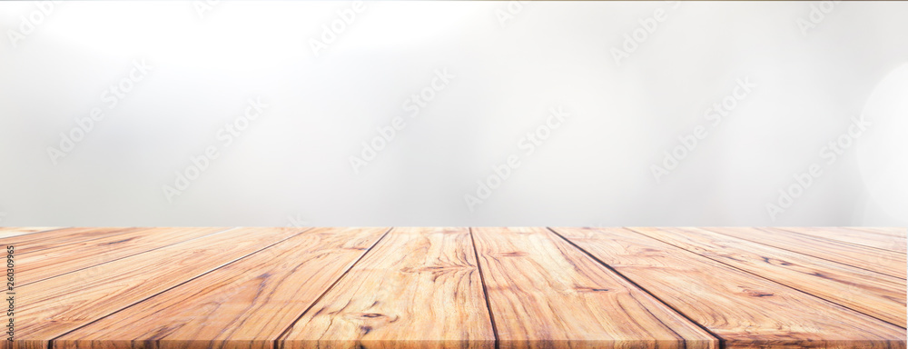 Poster teak wood table top on white background for wide banner background used us montage display products 