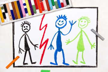 Colorful drawing:  Sad lonely boy and smiling happy friend
