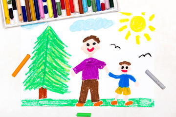 Colorful drawing: father and son walking